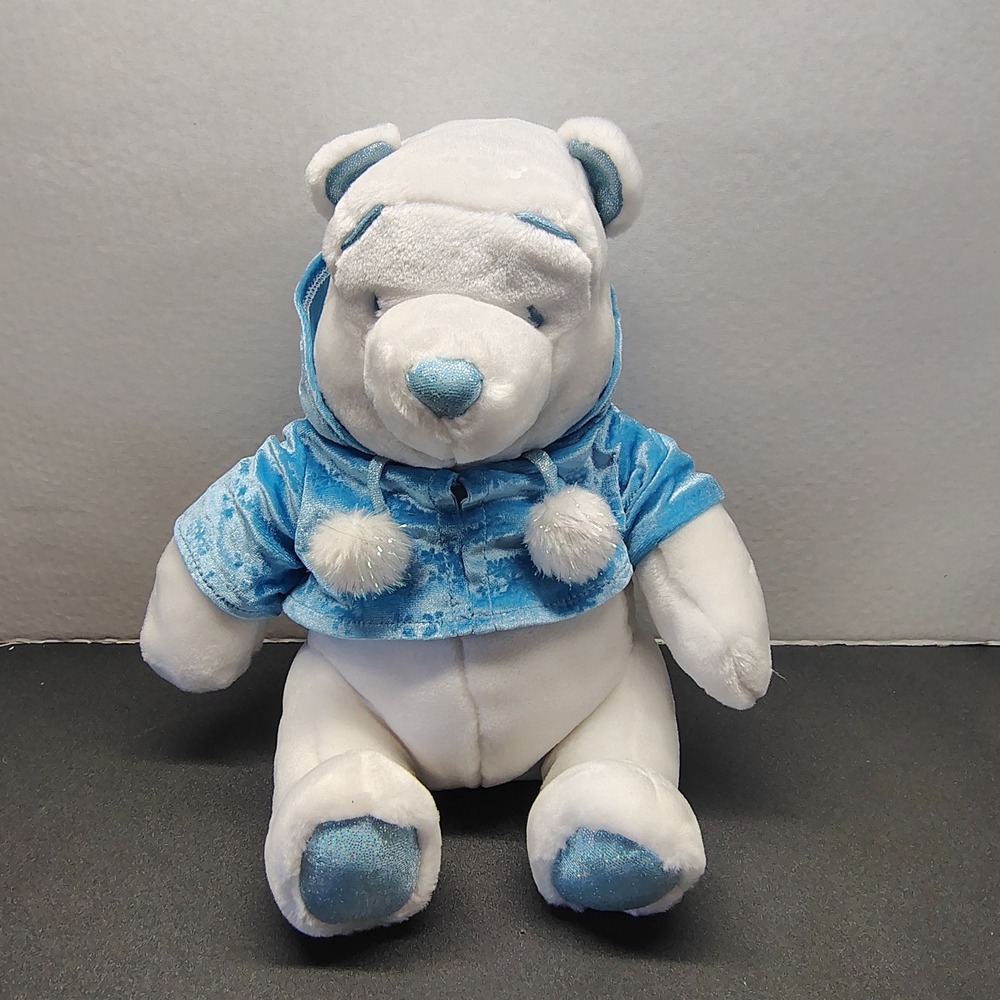 Disney Winnie the Pooh Plush White Blue Winter Snowflake Hoodie Bear